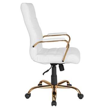 EMMA + OLIVER High Back White LeatherSoft Executive Swivel Office Chair with Gold Frame/Arms
