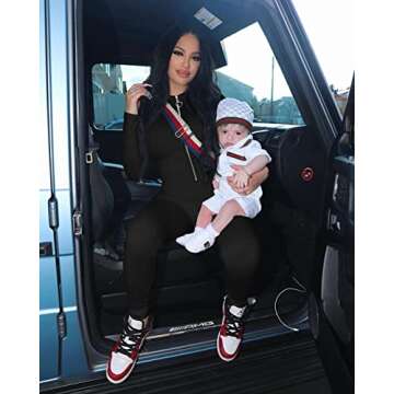 GOBLES Women's Sexy Long Sleeve Front Zipper Mock Neck Bodycon Jumpsuit Rompers Black