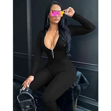 GOBLES Women's Sexy Long Sleeve Front Zipper Mock Neck Bodycon Jumpsuit Rompers Black