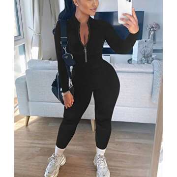 GOBLES Women's Sexy Long Sleeve Front Zipper Mock Neck Bodycon Jumpsuit Rompers Black