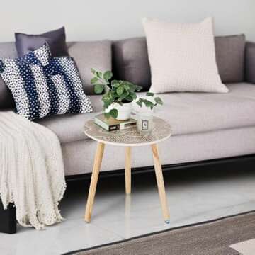 Hanobe Side Table Small Round: White End Table for Living Room Couch Bedroom - Modern Farmhouse Bedside Tables with 3 Wood Legs Boho Space Home Patio Sofa Console Accent