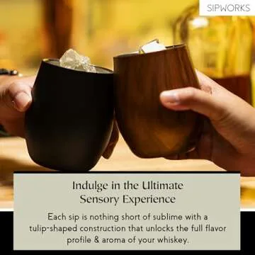 Sipworks Whiskey Tumbler - 8 oz Stainless Steel Tumbler with Double Walled Vacuum Insulation - Dishwasher Safe, Spill Resistant, Insulated Whiskey Tumbler for Travel & Parties - Mahogany