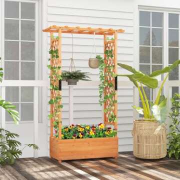 HAPPYGRILL 72" Raised Garden Bed with Trellis, Freestanding Wood Planter Box w/Hanging Roof & 2 Drainage Holes for Vine, Climbing Plants, Flowers, Outdoor Planter w/Trellis for Garden, Patio, Yard
