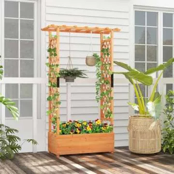 HAPPYGRILL 72" Raised Garden Bed with Trellis, Freestanding Wood Planter Box w/Hanging Roof & 2 Drainage Holes for Vine, Climbing Plants, Flowers, Outdoor Planter w/Trellis for Garden, Patio, Yard