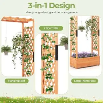 HAPPYGRILL 72" Raised Garden Bed with Trellis, Freestanding Wood Planter Box w/Hanging Roof & 2 Drainage Holes for Vine, Climbing Plants, Flowers, Outdoor Planter w/Trellis for Garden, Patio, Yard