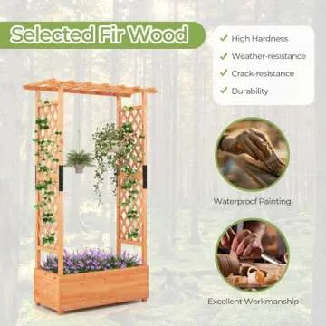 HAPPYGRILL 72" Raised Garden Bed with Trellis, Freestanding Wood Planter Box w/Hanging Roof & 2 Drainage Holes for Vine, Climbing Plants, Flowers, Outdoor Planter w/Trellis for Garden, Patio, Yard