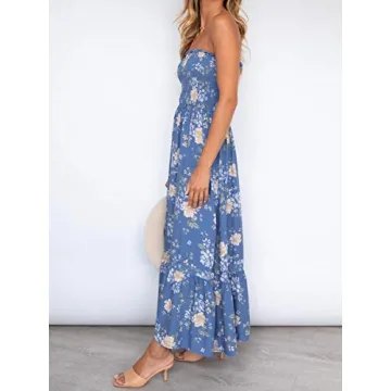 ZESICA Women's 2024 Summer Bohemian Floral Printed Strapless Beach Party Long Maxi Dress,Floral2,Large