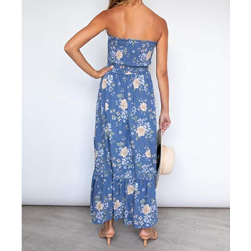 ZESICA Women's 2024 Summer Bohemian Floral Printed Strapless Beach Party Long Maxi Dress,Floral2,Large