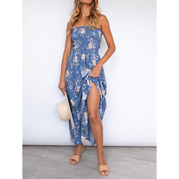ZESICA Women's 2024 Summer Bohemian Floral Printed Strapless Beach Party Long Maxi Dress,Floral2,Large