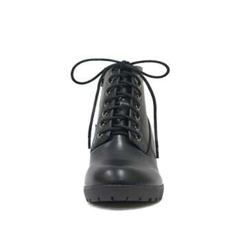 Soda Second Lug Sole Chunky Heel Combat Ankle Boot Lace up w/Side Zipper (8, Black PU)
