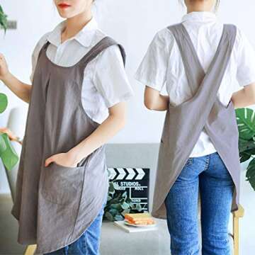 NEWGEM Japanese Linen Cross Back Kitchen Cooking Aprons for Women with Pockets Cute for Baking Painting Gardening Cleaning Gray