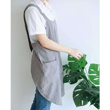 NEWGEM Japanese Linen Cross Back Kitchen Cooking Aprons for Women with Pockets Cute for Baking Painting Gardening Cleaning Gray