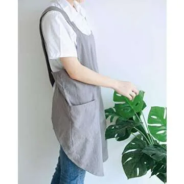NEWGEM Japanese Linen Cross Back Kitchen Cooking Aprons for Women with Pockets Cute for Baking Painting Gardening Cleaning Gray