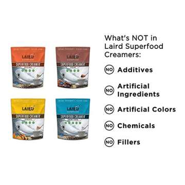 Laird Superfood Coffee Creamer Sampler Pack | Non-Dairy | Organic | Gluten Free | Vegan | Paleo Diet Approved | Unsweetened, Original, Cacao and Turmeric- 8 Ounce (Pack of 4)