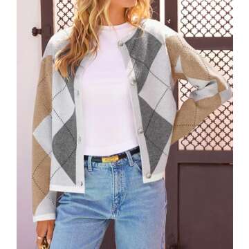 MEROKEETY Women's Long Sleeve Cardigan Sweaters 2024 Trendy Open Front Checkered Knit Button Up Jackets, WhiteCombo, Medium