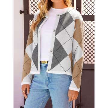 MEROKEETY Women's Long Sleeve Cardigan Sweaters 2024 Trendy Open Front Checkered Knit Button Up Jackets, WhiteCombo, Medium