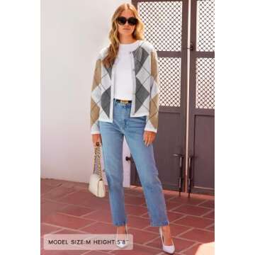 MEROKEETY Women's Long Sleeve Cardigan Sweaters 2024 Trendy Open Front Checkered Knit Button Up Jackets, WhiteCombo, Medium