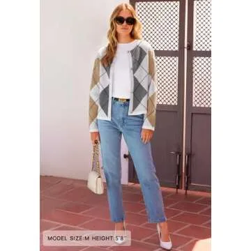 MEROKEETY Women's Long Sleeve Cardigan Sweaters 2024 Trendy Open Front Checkered Knit Button Up Jackets, WhiteCombo, Medium