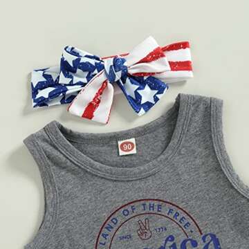 Tikwwyo Toddler Girl 4th of July Outfit Letter Sleeveless T-Shirt Tops Star and Stripes Bell-Bottom Pants Summer Clothes Set (Dark Gray, 2-3 Years)