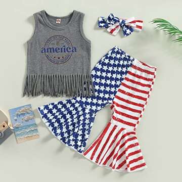 Tikwwyo Toddler Girl 4th of July Outfit Letter Sleeveless T-Shirt Tops Star and Stripes Bell-Bottom Pants Summer Clothes Set (Dark Gray, 2-3 Years)