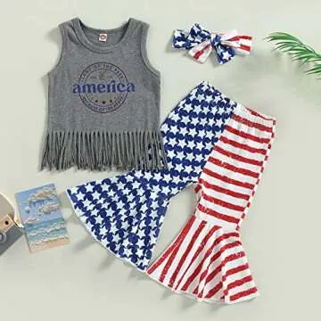 Tikwwyo Toddler Girl 4th of July Outfit Letter Sleeveless T-Shirt Tops Star and Stripes Bell-Bottom Pants Summer Clothes Set (Dark Gray, 2-3 Years)