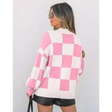 ZESICA Women's 2024 Casual Turtleneck Long Lantern Sleeve Oversized Ribbed Knit Pullover Sweater Jumper Top,PinkPlaid,Large