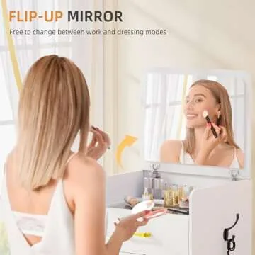 Gurexl 3 in 1 Vanity Desk with Flip Top Mirror,Small Make Up Vanity Set with Visible Glass Desktop,Compact Makeup Vanity with 3 Drawers,Cushioned Tool,Dressing Table for Bedroom