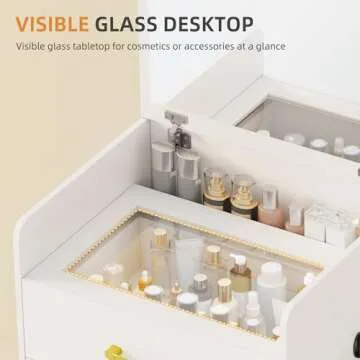 Gurexl 3 in 1 Vanity Desk with Flip Top Mirror,Small Make Up Vanity Set with Visible Glass Desktop,Compact Makeup Vanity with 3 Drawers,Cushioned Tool,Dressing Table for Bedroom
