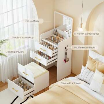 Gurexl 3 in 1 Vanity Desk with Flip Top Mirror,Small Make Up Vanity Set with Visible Glass Desktop,Compact Makeup Vanity with 3 Drawers,Cushioned Tool,Dressing Table for Bedroom