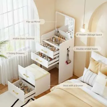 Gurexl 3 in 1 Vanity Desk with Flip Top Mirror,Small Make Up Vanity Set with Visible Glass Desktop,Compact Makeup Vanity with 3 Drawers,Cushioned Tool,Dressing Table for Bedroom