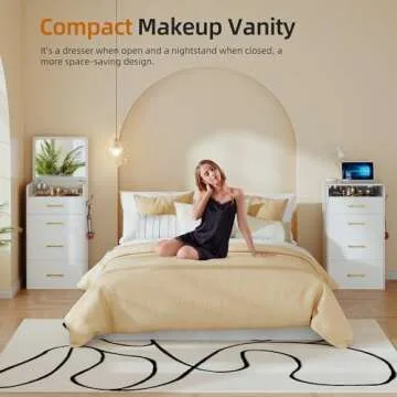 Gurexl 3 in 1 Vanity Desk with Flip Top Mirror,Small Make Up Vanity Set with Visible Glass Desktop,Compact Makeup Vanity with 3 Drawers,Cushioned Tool,Dressing Table for Bedroom