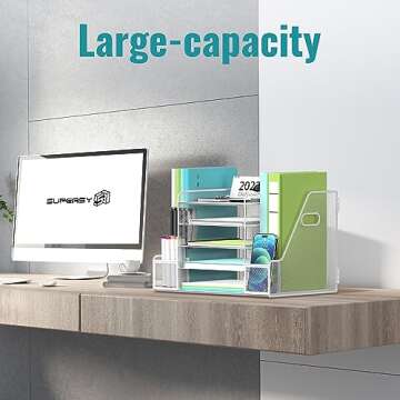 SUPEASY Mesh Desk Organizer with File Holder, 5-Tier Paper Letter Tray Organizer with Magazine Holde...