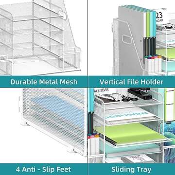 SUPEASY Mesh Desk Organizer with File Holder, 5-Tier Paper Letter Tray Organizer with Magazine Holder, Desktop Organizer and Storage for Office Supplies Home or School, White