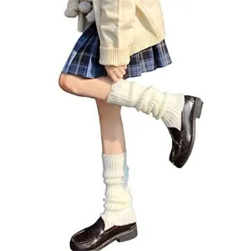 MOREELUCK Women Cute Knitted Leg Warmers Girls Harajuku Solid White Leg Warmer Socks Preppy Ribbed Knit Stockings Gothic Clothes (I Short White, One Size)