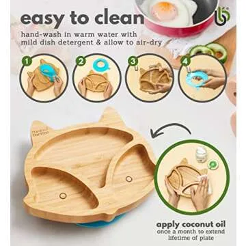 Bamboo Baby Plate with Suction - Kids and Toddler Suction Cup Plate for Babies, Non-Toxic All-Natural Bamboo Baby Food Plate Stays Cool to The Touch for Baby-Led Weaning (Fox-Green)