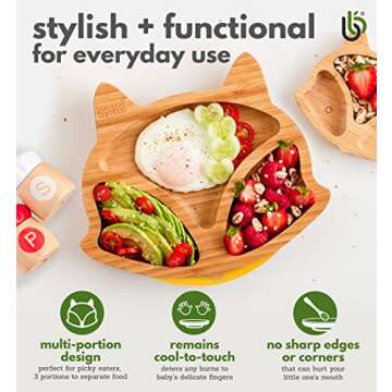 Bamboo Baby Plate with Suction - Kids and Toddler Suction Cup Plate for Babies, Non-Toxic All-Natural Bamboo Baby Food Plate Stays Cool to The Touch for Baby-Led Weaning (Fox-Green)