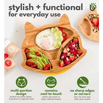 Bamboo Baby Plate with Suction - Kids and Toddler Suction Cup Plate for Babies, Non-Toxic All-Natural Bamboo Baby Food Plate Stays Cool to The Touch for Baby-Led Weaning (Fox-Green)