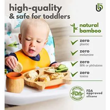 Bamboo Baby Plate with Suction - Kids and Toddler Suction Cup Plate for Babies, Non-Toxic All-Natural Bamboo Baby Food Plate Stays Cool to The Touch for Baby-Led Weaning (Fox-Green)