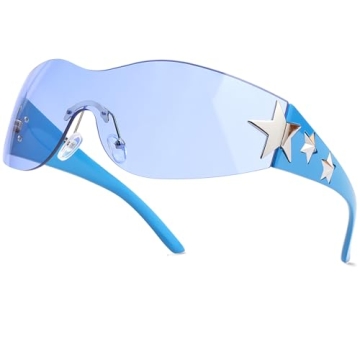 Haqptul Rimless Y2K Sunglasses Star Wrap Around Glasses 2000s Accessories for Women Men Trendy Fashi...
