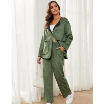 KEOMUD Womens 2 Piece Outfits Fall Home Clothes 2023 Button Down Cardigan Wide Leg Pants Matching Lounge Sets Armygreen Large