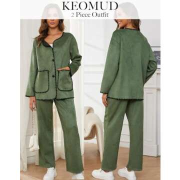 KEOMUD Womens 2 Piece Outfits Fall Home Clothes 2023 Button Down Cardigan Wide Leg Pants Matching Lounge Sets Armygreen Large