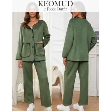 KEOMUD Womens 2 Piece Outfits Fall Home Clothes 2023 Button Down Cardigan Wide Leg Pants Matching Lounge Sets Armygreen Large