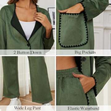 KEOMUD Womens 2 Piece Outfits Fall Home Clothes 2023 Button Down Cardigan Wide Leg Pants Matching Lounge Sets Armygreen Large