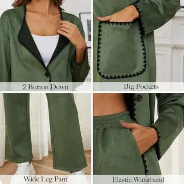 KEOMUD Womens 2 Piece Outfits Fall Home Clothes 2023 Button Down Cardigan Wide Leg Pants Matching Lounge Sets Armygreen Large