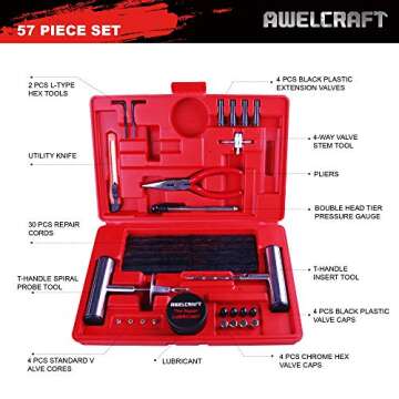 AWELCRAFT Heavy Duty Tire Repair Tools Kit - 57 PCS Set Truck Tool Box for Motorcycle, Car, ATV, Jee...
