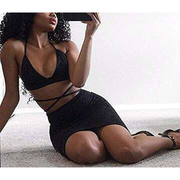 ioiom Sexy Outfits for Women for Clubbing Halter V Neck Backless Glitter Crop Top and Skirt Dress Bodycon Set Black L