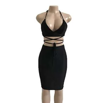 ioiom Sexy Outfits for Women for Clubbing Halter V Neck Backless Glitter Crop Top and Skirt Dress Bodycon Set Black L