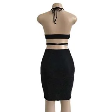 ioiom Sexy Outfits for Women for Clubbing Halter V Neck Backless Glitter Crop Top and Skirt Dress Bodycon Set Black L