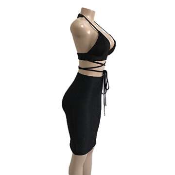 ioiom Sexy Outfits for Women for Clubbing Halter V Neck Backless Glitter Crop Top and Skirt Dress Bodycon Set Black L