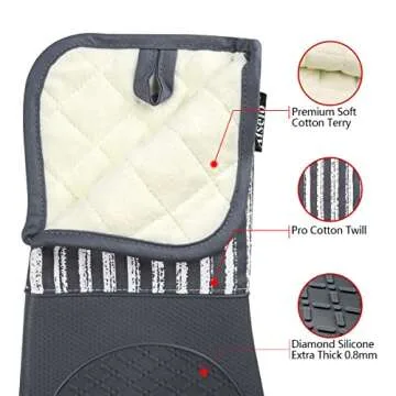 Alselo Silicone Oven Mitts Heat Resistant 932℉ with Waterproof & Non-Slip Kitchen Mittens, Set of 2 Extra Long Oven Gloves with Soft Cotton Terry Lining for Baking Cooking Barbecue